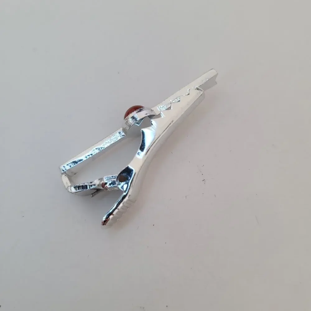Rolled Gold Silver Tie Bar Clip Tac Clasp Retro‎ Red Cabochon Lightweight Small